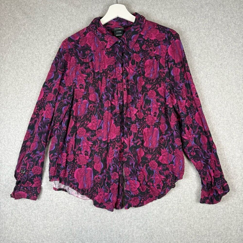 Disney Villians Womens Size 0 Large Button Front Shirt Red Black Long Sleeve